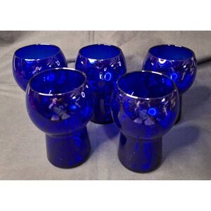 Vintage 1940's Cambridge Cobalt Blue Glass Tumblers Ball Shape Set of five 4.5"